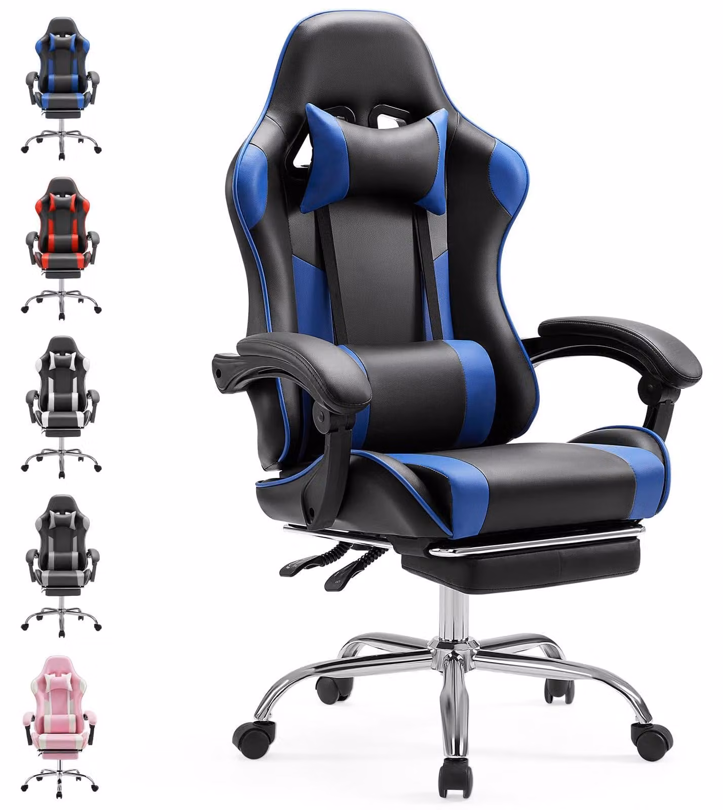 Sedia da gaming ergonomica, blu, in ecopelle: altezza, schienale, poggiapiedi e supporto lombare regolabili