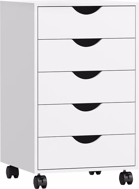 Cassettiera da ufficio HOMCOM con 5 cassetti e ruote girevoli con freni, Bianco, L/P/H: 40 x 40 x 67 cm