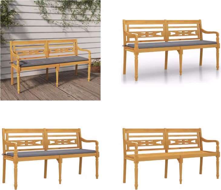vidaXL Panca Batavia con cuscino grigio 150 cm in teak massiccio - Panca - Panche - Panca da giardino - Panca da salotto