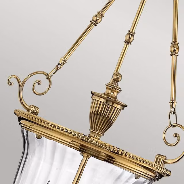 Lampadario a sospensione Hinkley Cambridge in ottone e vetro trasparente con 3 luci E14