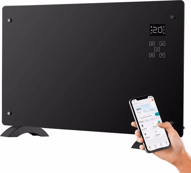 Termoconvettore Smart Wintem in Vetro Nero con App e Comandi Vocali, 1500W