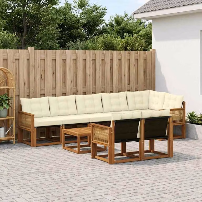 Set di divani da esterno vidaXL a forma di U composto da 9 pezzi in legno di acacia con cuscini, colore beige, bianco e marrone
