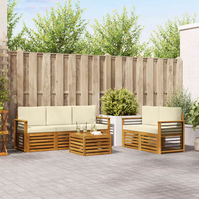 Set di divani da esterno vidaXL a forma di L in legno di acacia con tavolino e cuscini, Beige e Bianco