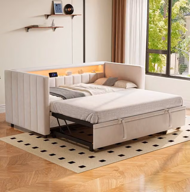 Divano letto estraibile 90x190 cm con rivestimento in velluto beige, illuminazione LED e porta USB Type-C