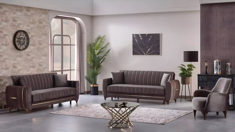 Moderne Sofagarnitur 3tlg Design Textil Braun Design 3+3+1 Wohnzimmer