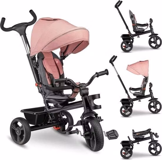 Triciclo per bambini con manubrio regolabile e capottina, colore rosa