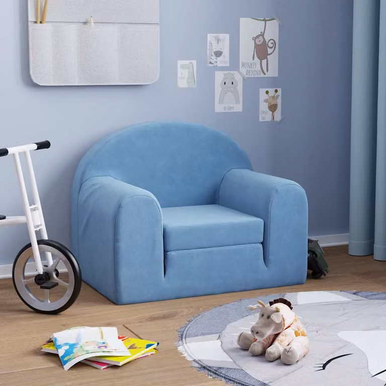 vidaXL Divano Letto per Bambini in Morbido Peluche Blu con Struttura Imbottita
