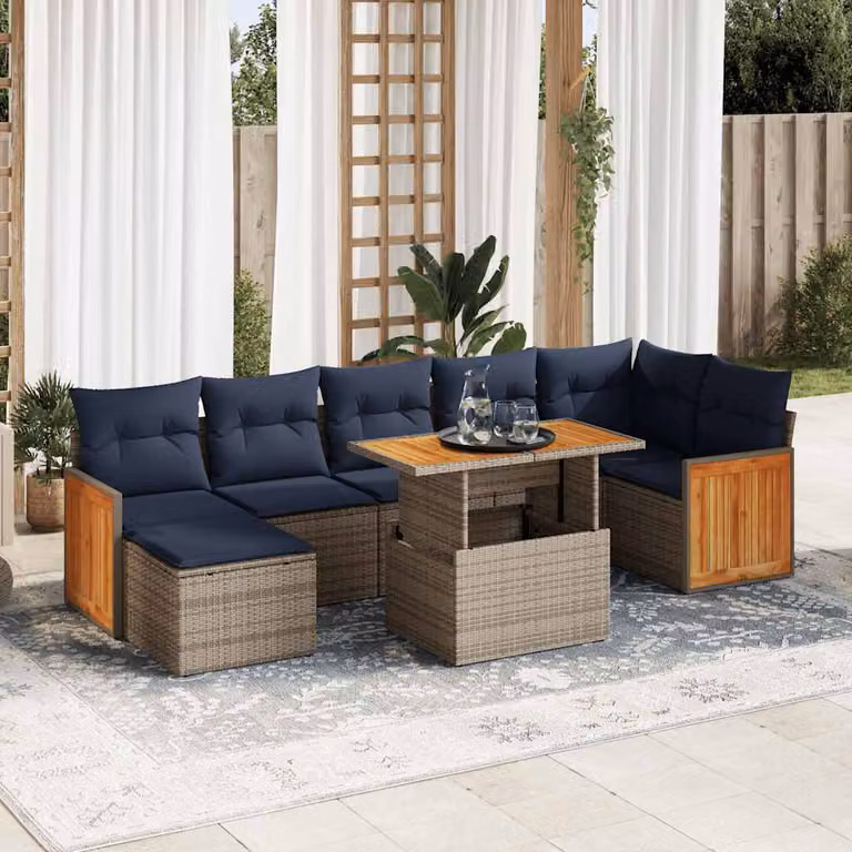 Set Divani da Giardino vidaXL 8 Pezzi in Polyrattan e Legno di Acacia con Cuscini Grigio a Forma di U