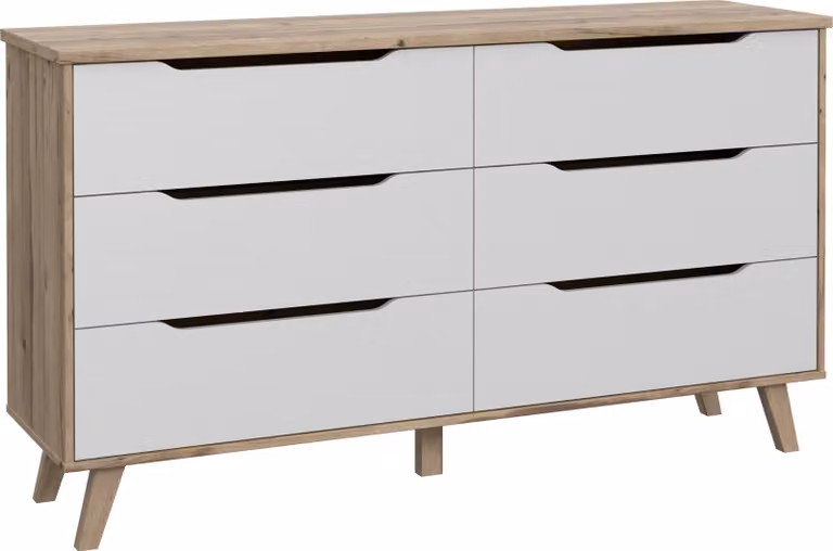 Credenza >VANKKA< 4 cassetti, decoro rovere listellare / bianco - 154,7x86,3x42cm (L/A/D)
