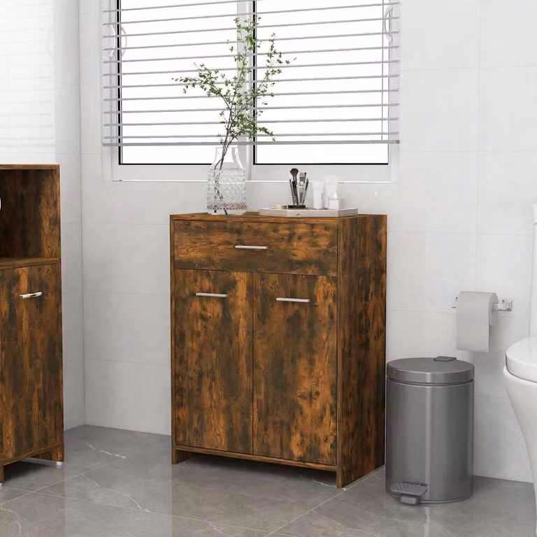 Armadietto da bagno sospeso vidaXL in legno MDF color rovere fumo con ante e cassetti L/P/H: 60 x 33 x 80 cm