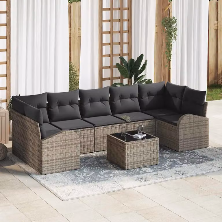 Set Divano da Giardino vidaXL 8 Pezzi con Cuscini Grigio in Polyrattan e Acciaio