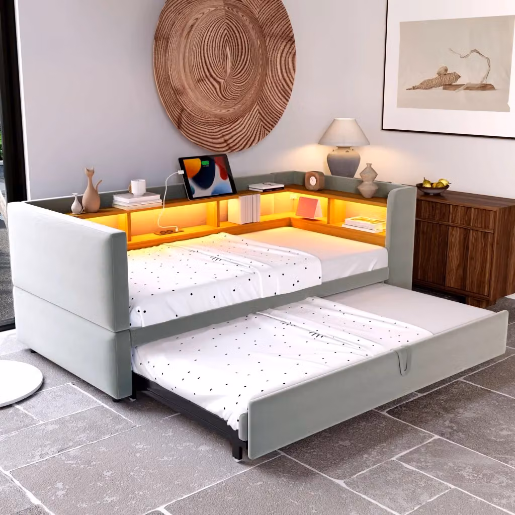 Letto estraibile singolo Chicfurn con LED, prese USB e ripiani, grigio, L/P/H: 90 x 190 x 30 cm – 2