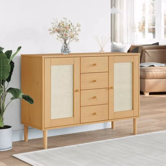 Credenza Buffet Senja Design Mania in Legno Massello di Pino con Dettagli in Rattan, Colore Beige e Marrone, L/P/H: 112 x 40 x 80 cm