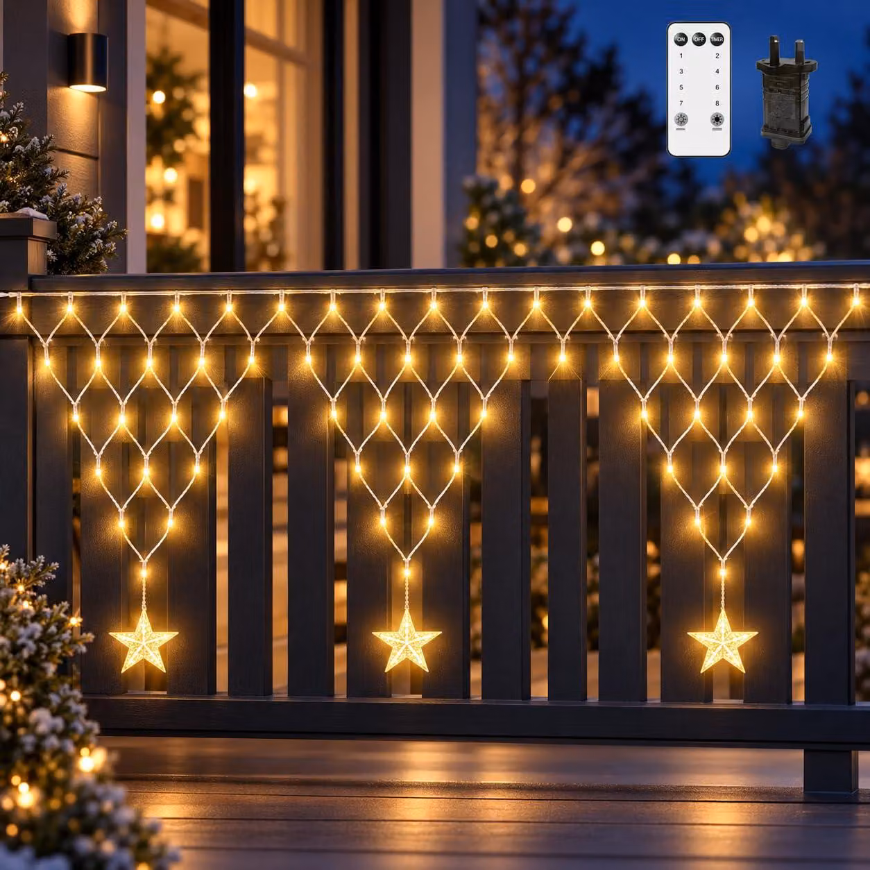 Catena luminosa da 4 metri, con 196 LED, luce bianco caldo, grado di protezione IP44, con telecomando