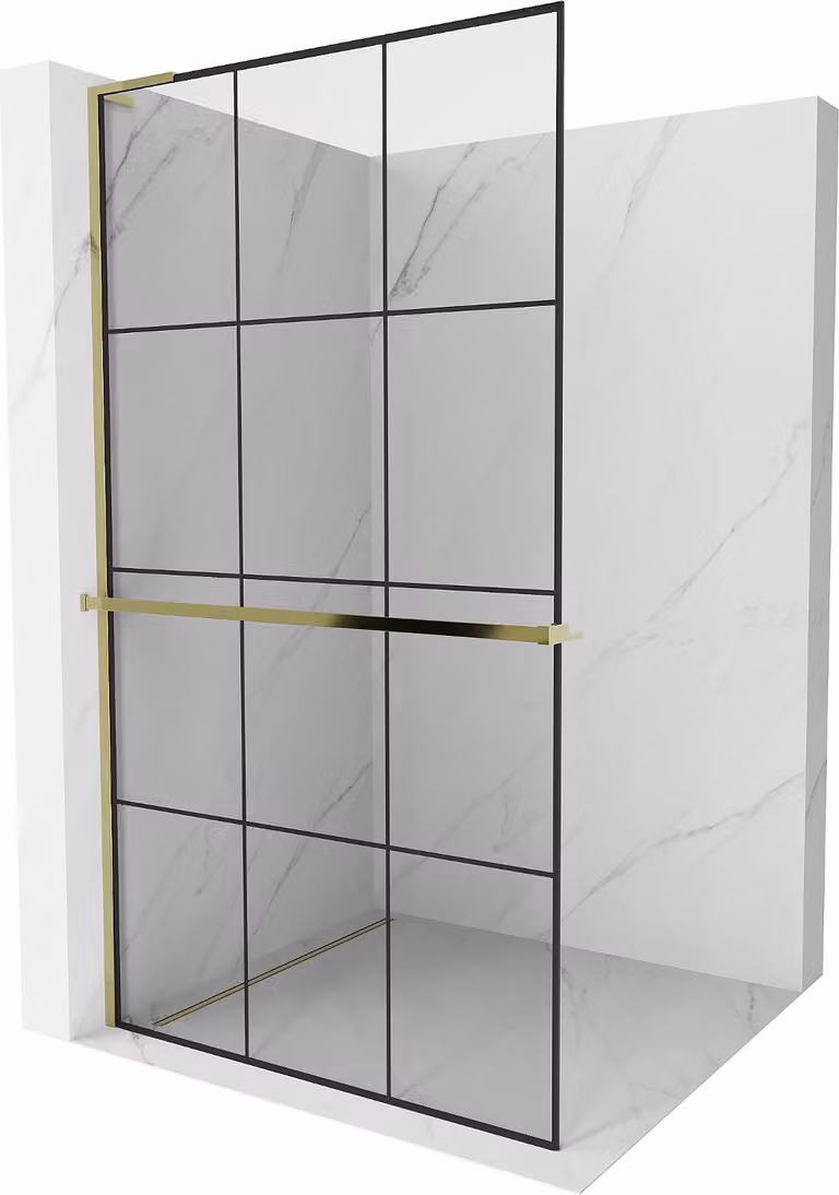 Mexen Kioto+ L parete doccia con mensola Walk-in 110 x 200 cm, griglia nera, dorata - 800-110-123-50-77
