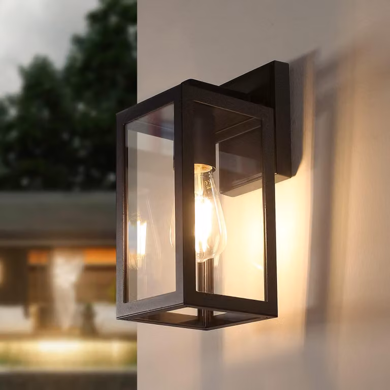 Lampada da parete esterna, alluminio verniciato nero opaco, vetro trasparente, 1 attacco E27, grado di protezione IP44