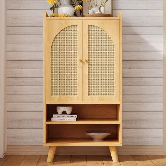 Credenza alta con 2 ante in rattan e 2 vani aperti per soggiorno cucina o ingresso in truciolato 60 × 40 × 121 cm