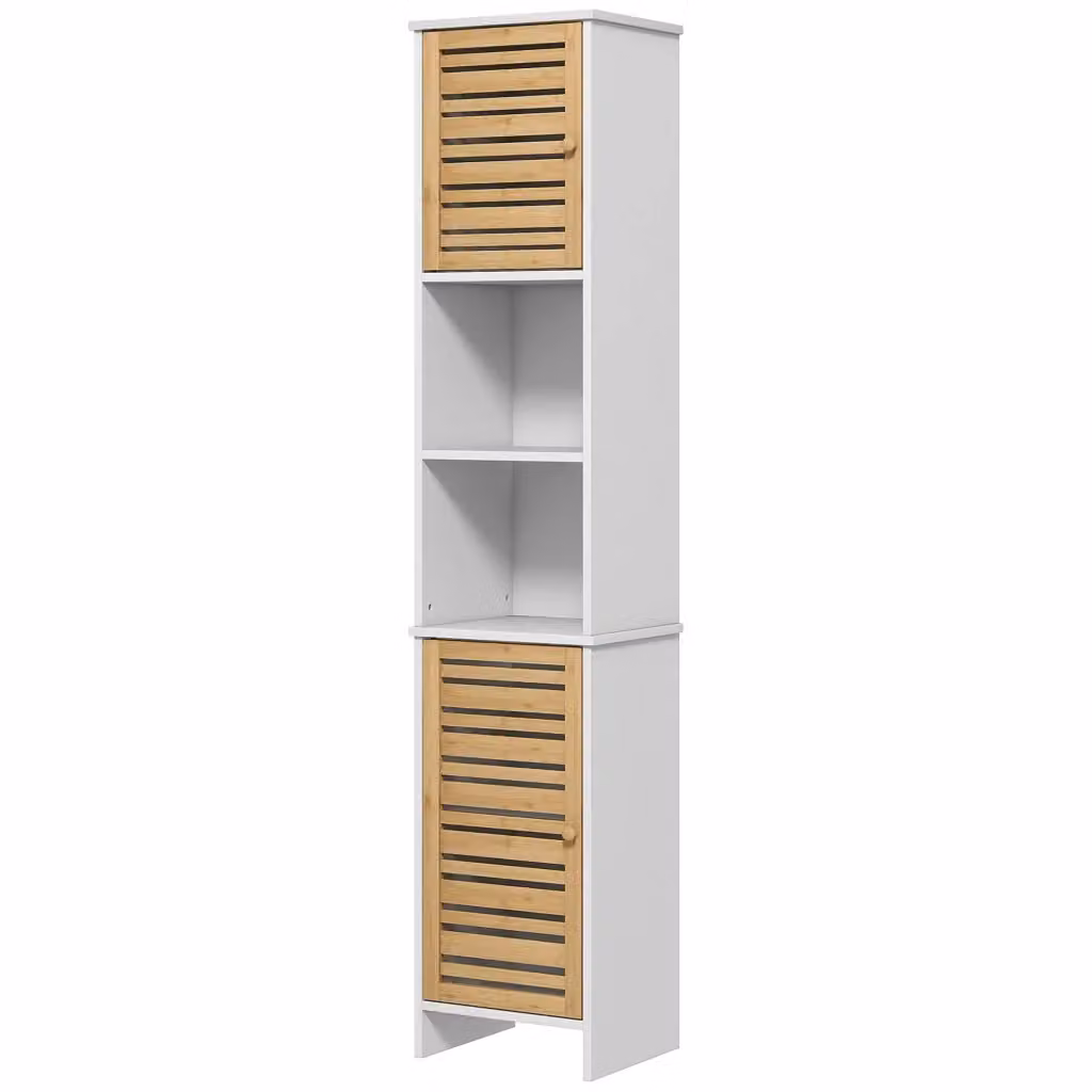 Mobile Bagno Minimal con Ante in Bambù e Ripiani Interni, Bianco Naturale, L 35 cm x P 30 cm x H 170 cm – 2