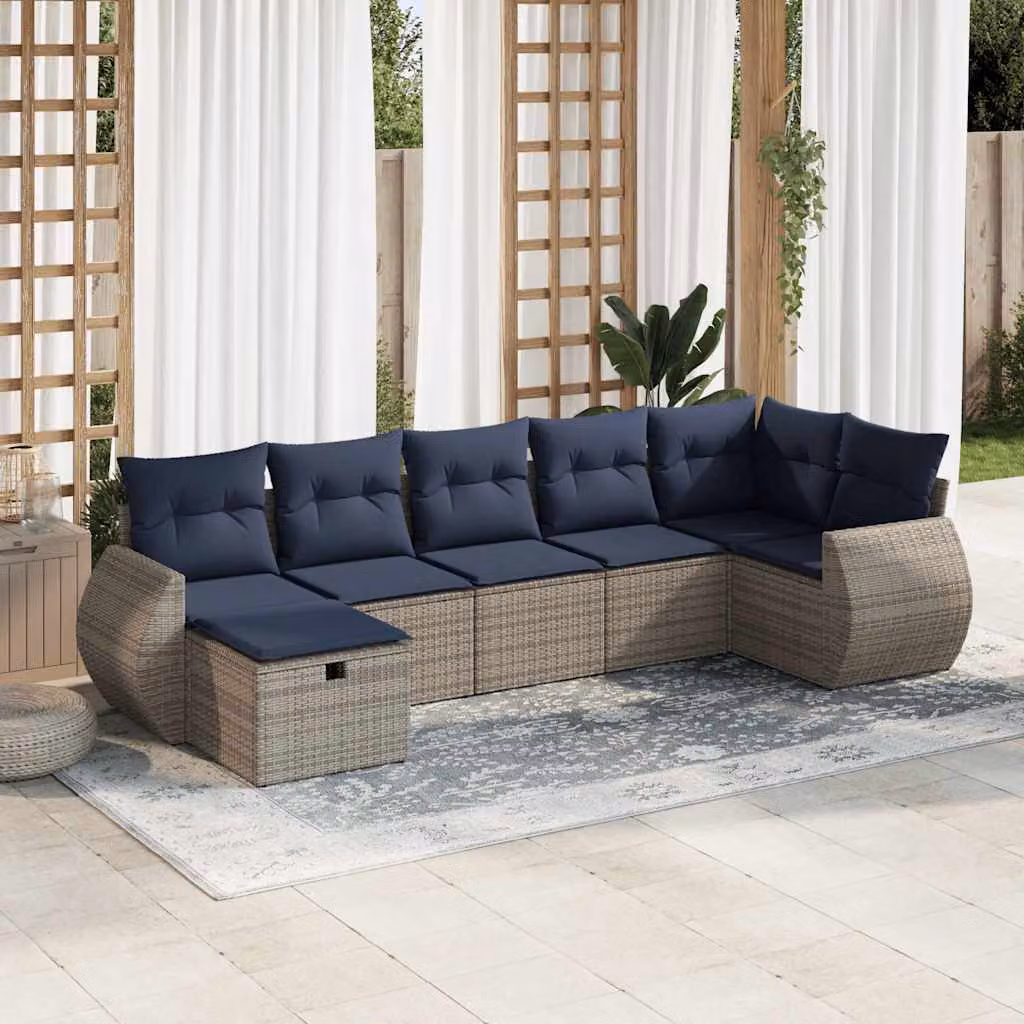 Set di divani da giardino vidaXL a forma di L composto da 7 pezzi con cuscini grigi e blu in polyrattan e struttura in acciaio verniciato a polvere