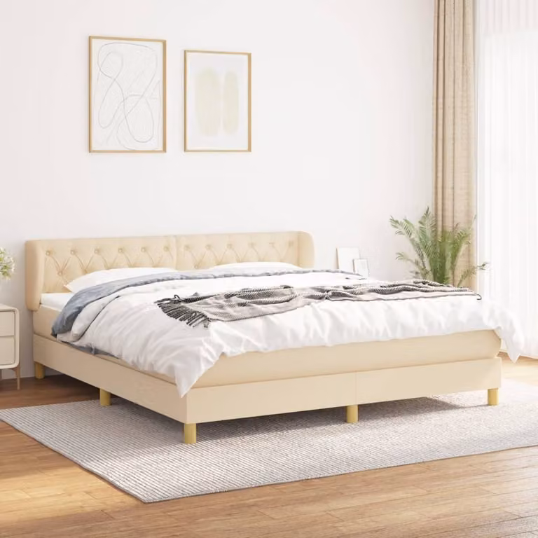 The Living Store Letto a molle con materasso crema 160x200 cm in tessuto