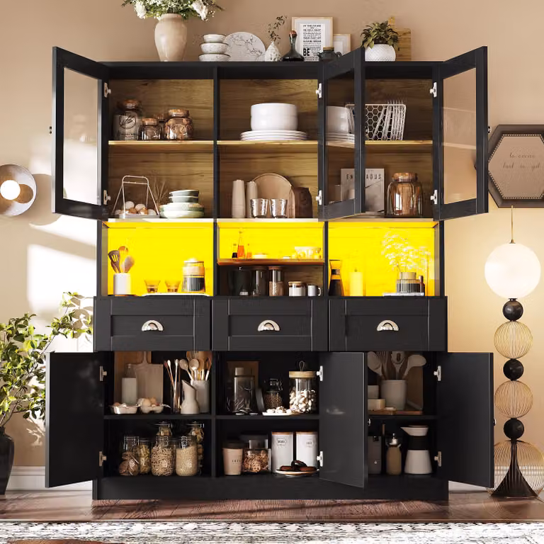 Flieks mobile da cucina a colonna con LED, buffet da cucina 140x40x175 cm, mobile espositivo a buffet con ripiani regolabili, nero