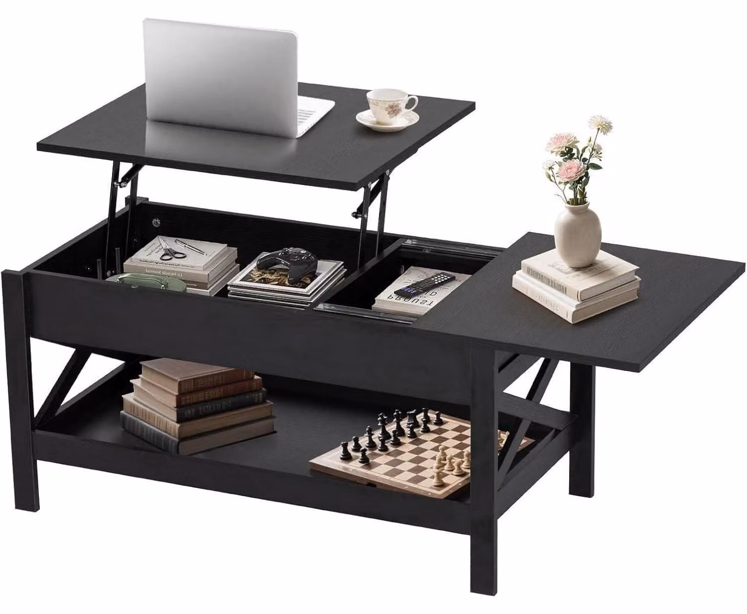 Tavolino da caffè regolabile in altezza, tavolo da soggiorno con spazio contenitivo, colore nero, materiale legno