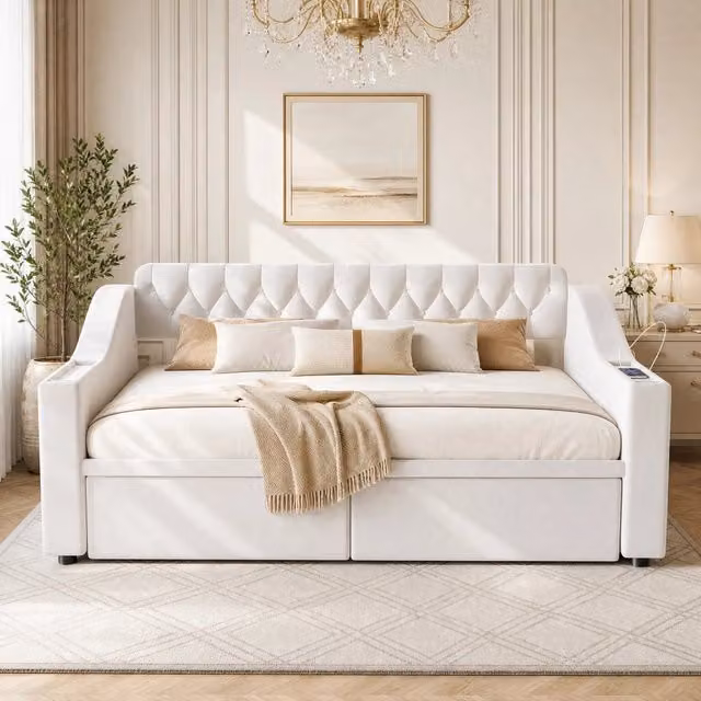 Letto imbottito REDOM in velluto beige con cassetti, ripiani laterali e porta USB, L/P/H: 90 x 190 x 96 cm