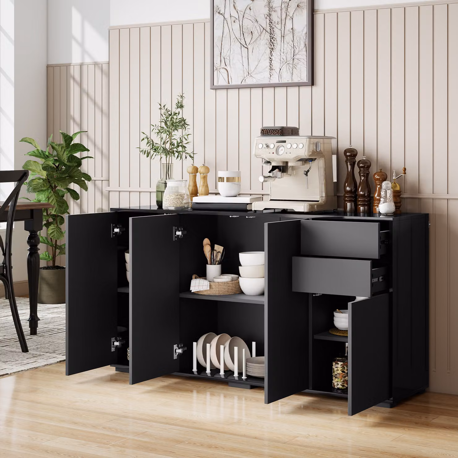 Mobile buffet HOMCOM con 2 cassetti, 4 ante e ripiano regolabile, nero, L: 140 cm, P: 36 cm, H: 74 cm – 2