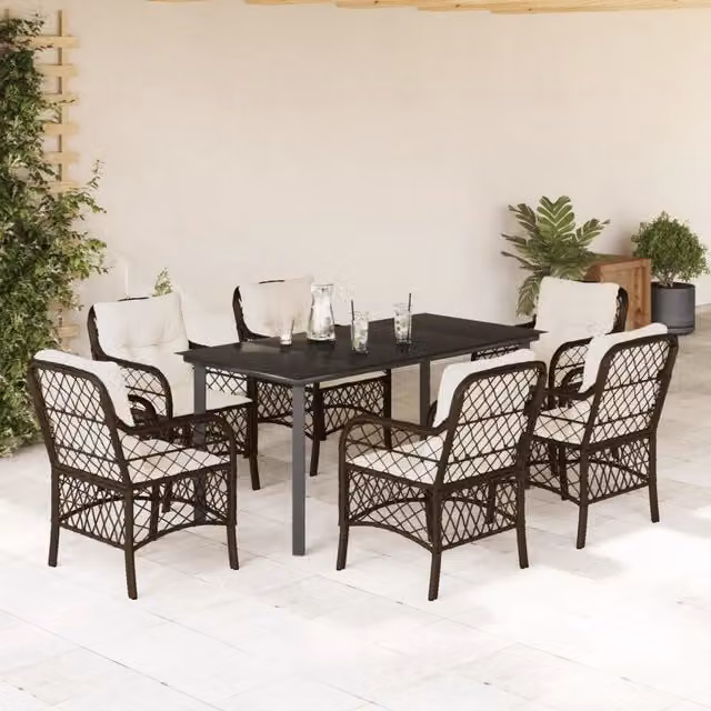 Set da Pranzo da Giardino 7pz vidaXL in Polyrattan Marrone con Piano in Vetro