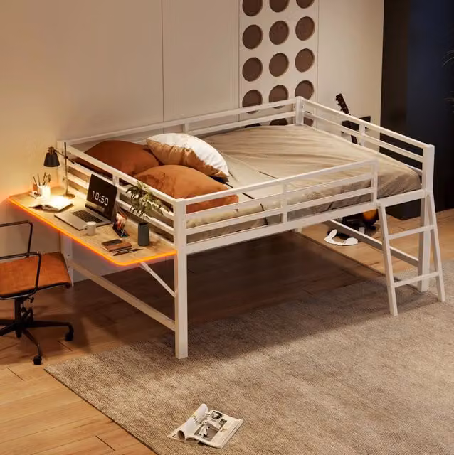 Letto a soppalco ULEVR 140x200 cm con scrivania pieghevole, scala, sponde e LED, metallo bianco