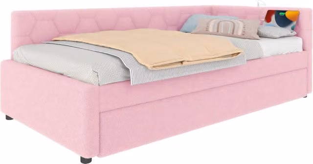 Letto a Divanetto Moderno in Tessuto Bouclé Rosa con Letto Estraibile, Porte di Ricarica USB e Lampada da Lettura Integrata, L/P: 90 x 200 cm