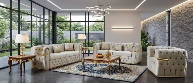 Elegante divano Chesterfield beige, composto da un divano a 3 posti e due poltrone a 2 posti, rivestito in tessuto