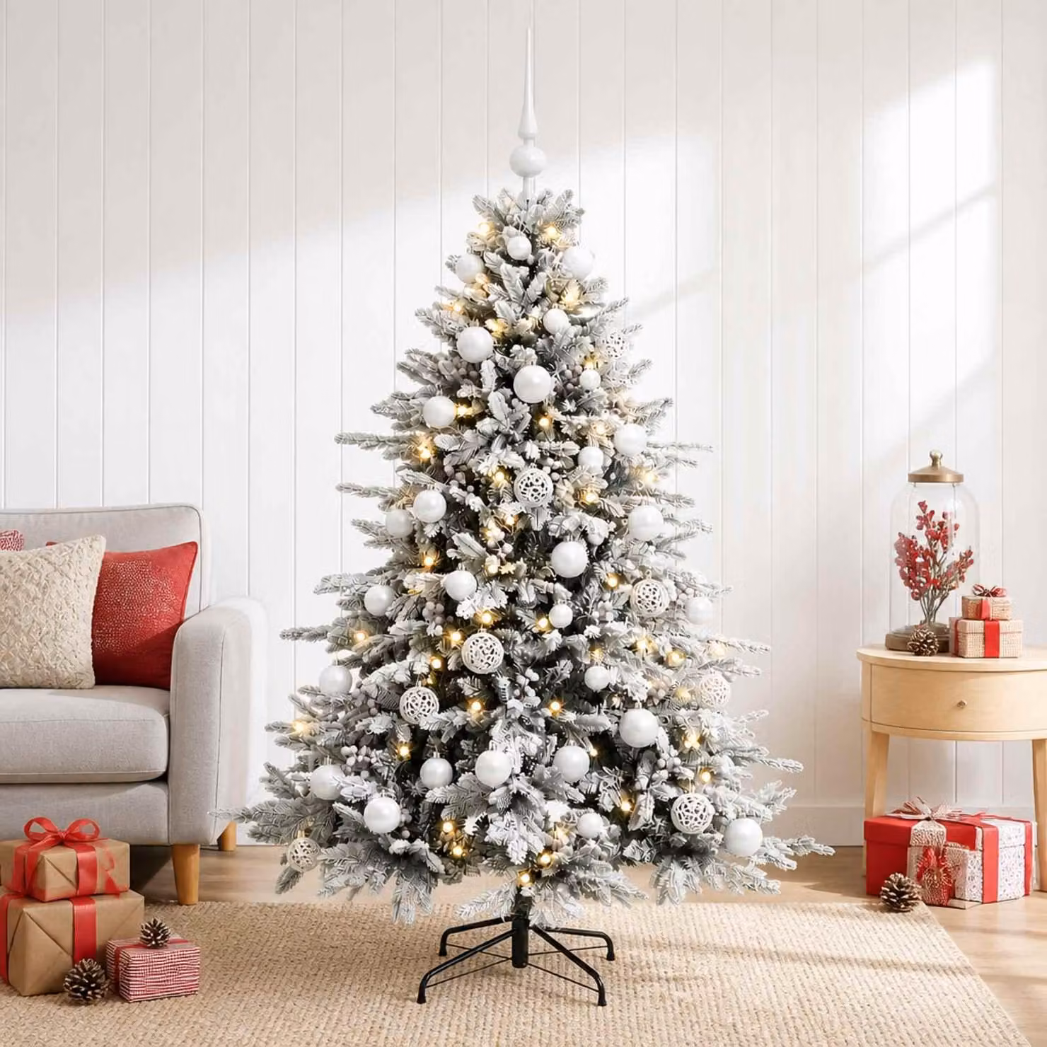 Albero di Natale artificiale con decorazioni natalizie, altezza 150 cm, 150 luci LED
