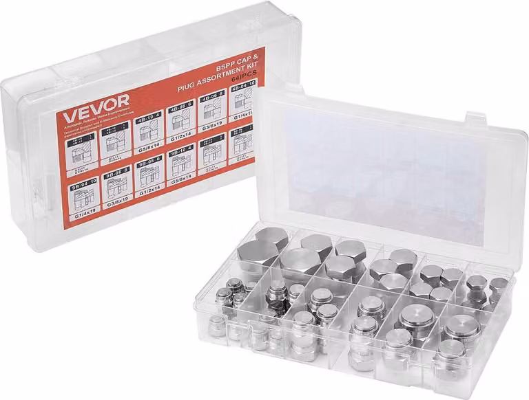 64 pezzi BSPP Raccordi idraulici Kit assortito di tappi e tappi zincati Adattatori