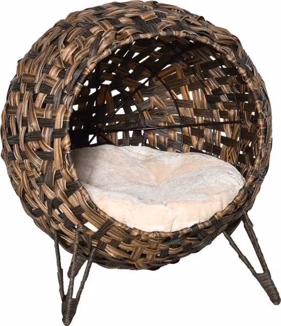 Cuccia rialzata per gatti PawHut in rattan marrone con cuscino, Ø 52 x 58 cm
