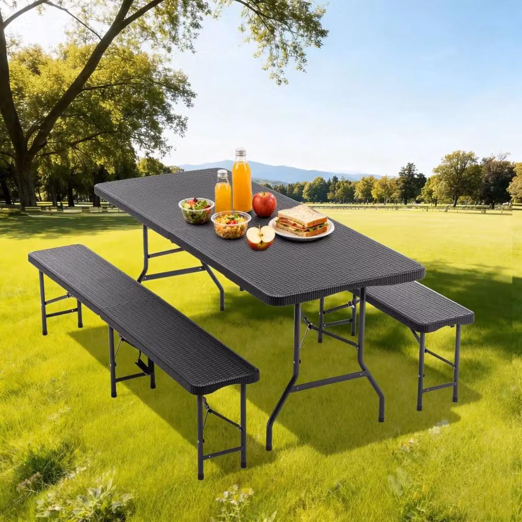 Set tavolo da picnic pieghevole WISHDOR da 6 piedi con 2 panche, piano in HDPE nero e struttura a X resistente alle intemperie – 2