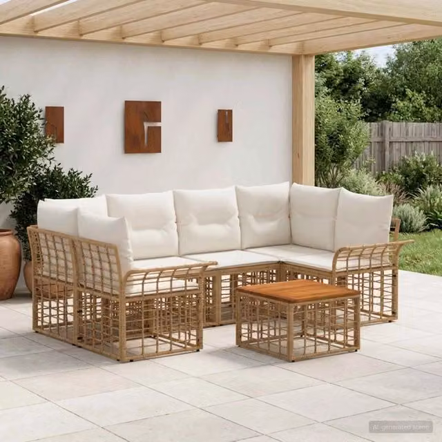 Set di divani da esterno 7 pz Naturale e Bianco Crema 3437646