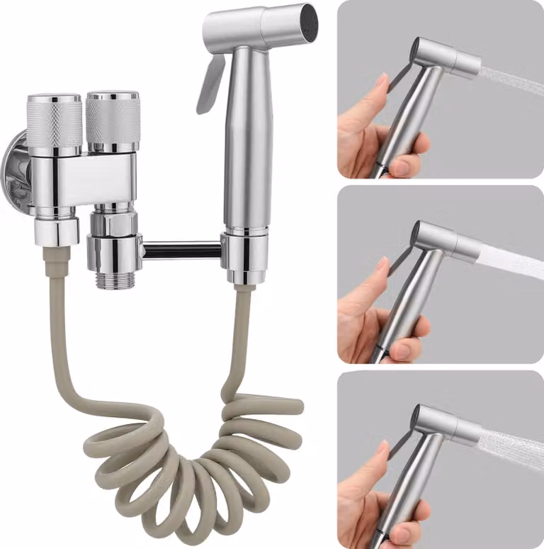 Fortuna Lai Doccetta per WC, set doccetta in acciaio inossidabile con valvola di controllo doppia 1-in-2-out, rubinetto dispenser e tubo flessibile per lavare gli animali domestici, pulire il bagno, argento