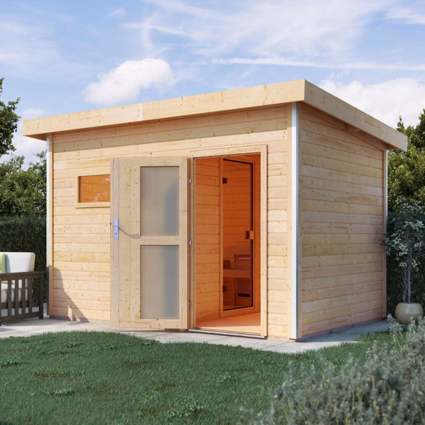 Sauna da giardino Casa della sauna Karibu Skrollan 2 riscaldatore naturale da 38 mm 9kW latte esterno