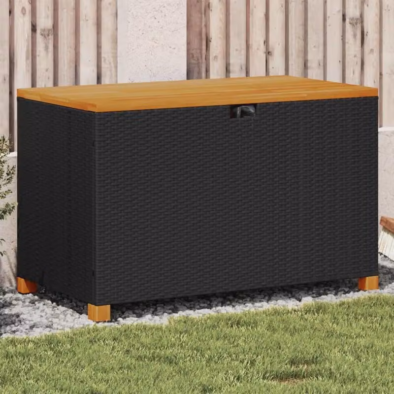 Cassetta da giardino 110x55x63 cm - Contenitore portaoggetti - Nero - Resina intrecciata e legno di acacia