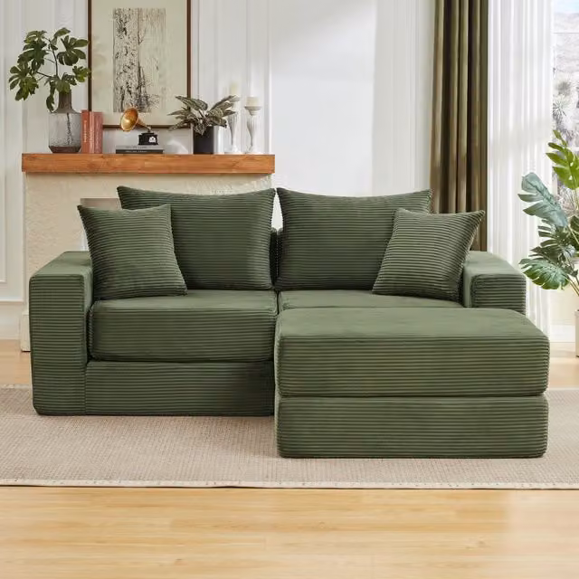 Divano Modulare L-Shape REDOM Verde in Velluto a Costine con Funzione Letto, L/P/H: 259,5 x 96 x 80 cm