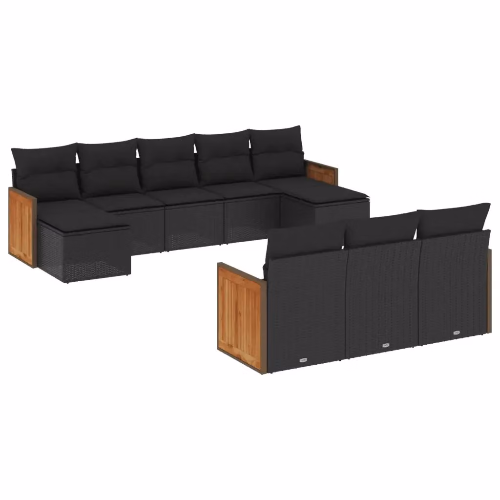 vidaXL Set Divani da Giardino a Forma di U in Polyrattan Nero con Cuscini e Ottoman – 2