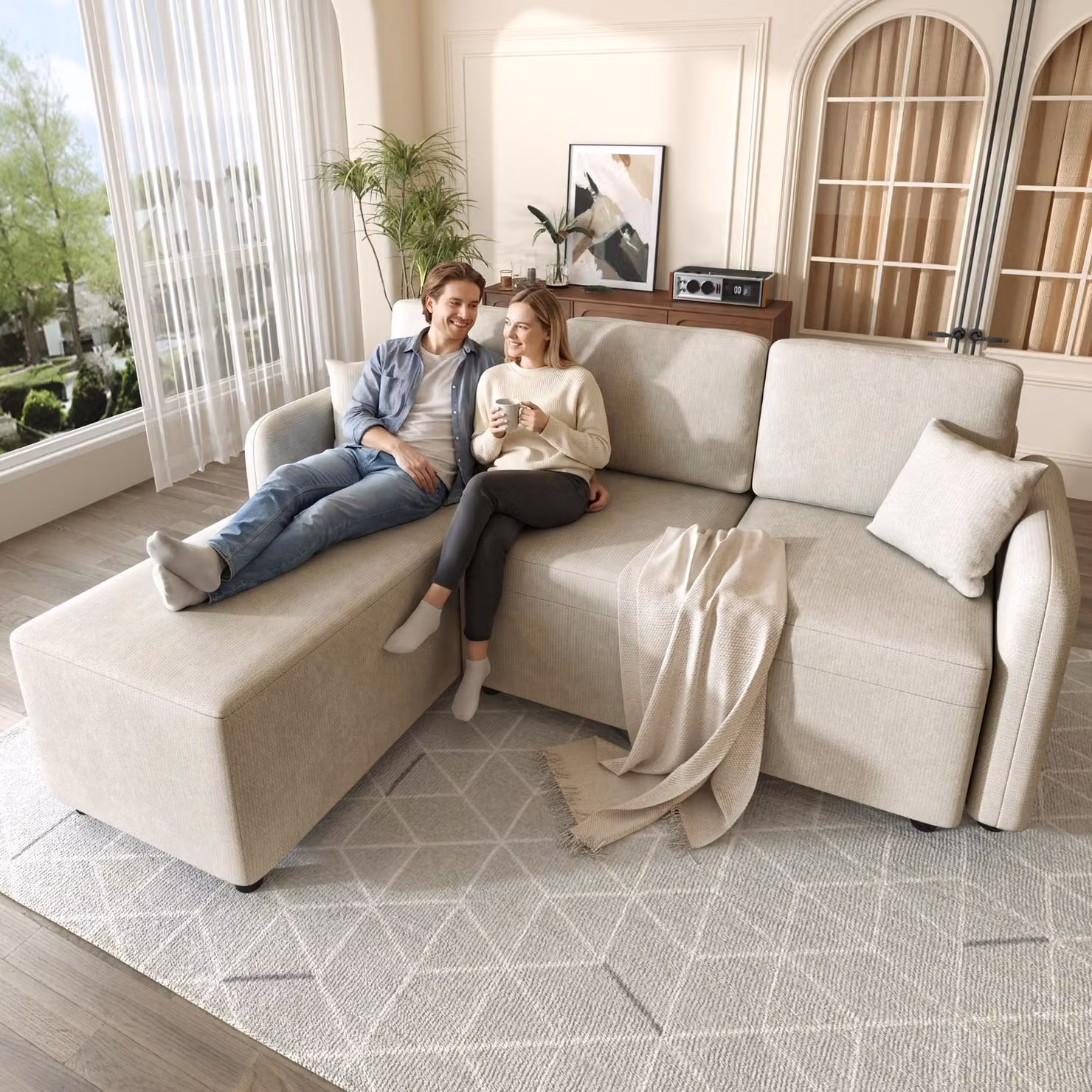 Divano angolare a forma di L, 3 posti, con chaise longue, rivestito in tessuto tipo chenille, imbottitura in schiuma ad alta densità, 2 cuscini, struttura in legno massello, capacità di carico fino a 150 kg, divano per soggiorno, color beige