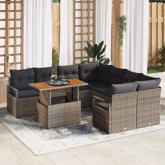 Set Divano da Giardino a L vidaXL in Rattan Grigio con 9 Pezzi e Tavolino da Caffè – 1