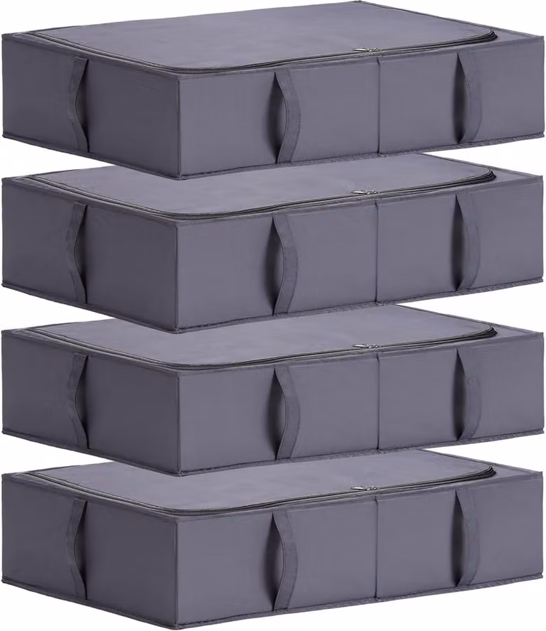 Contenitori portaoggetti da mettere sotto il letto, dimensioni 70x42x18 cm, confezione da 4, colore grigio scuro, materiale: poliestere, ideali per riporre vestiti