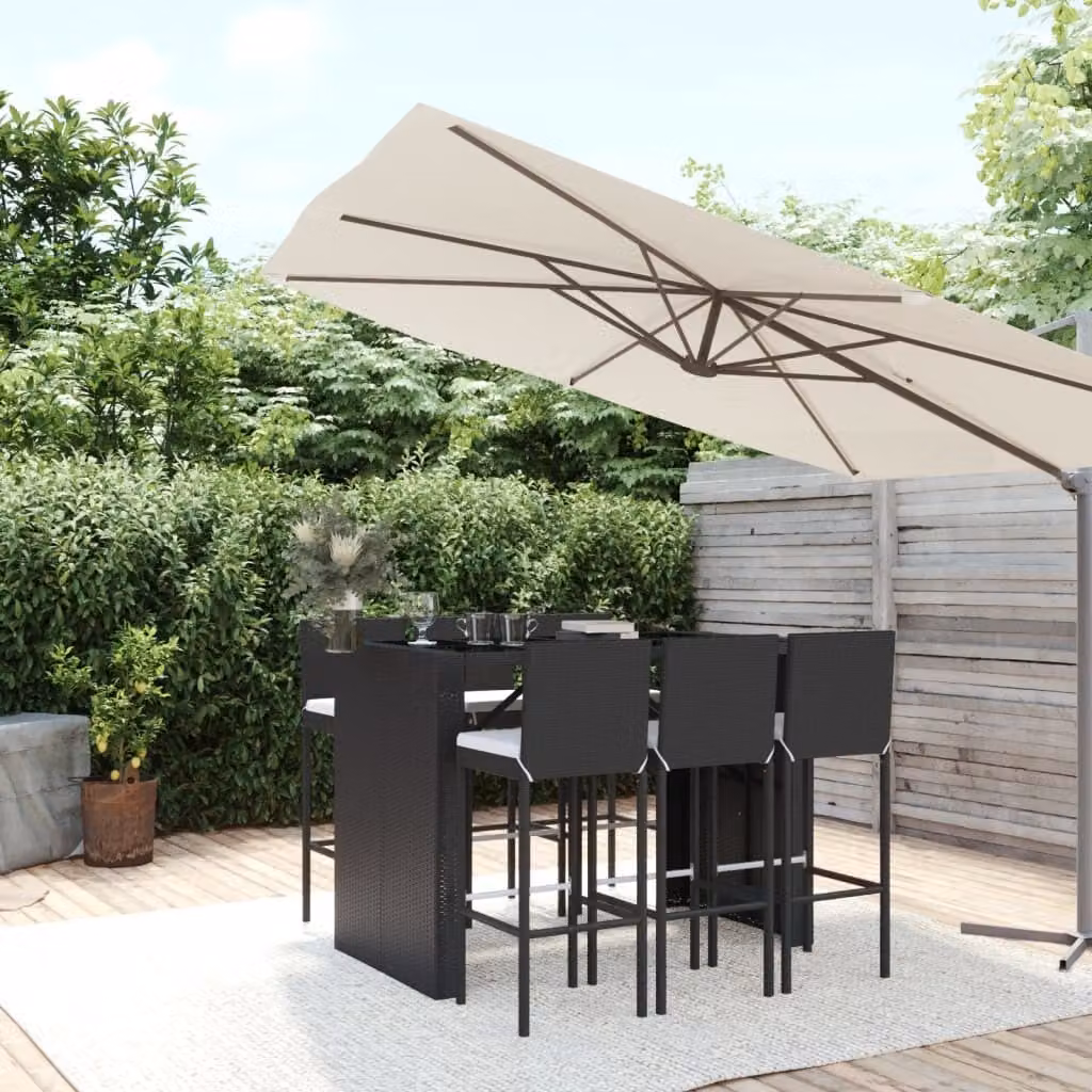 The Living Store Set bar da giardino 7 pezzi con cuscini in poly rattan nero