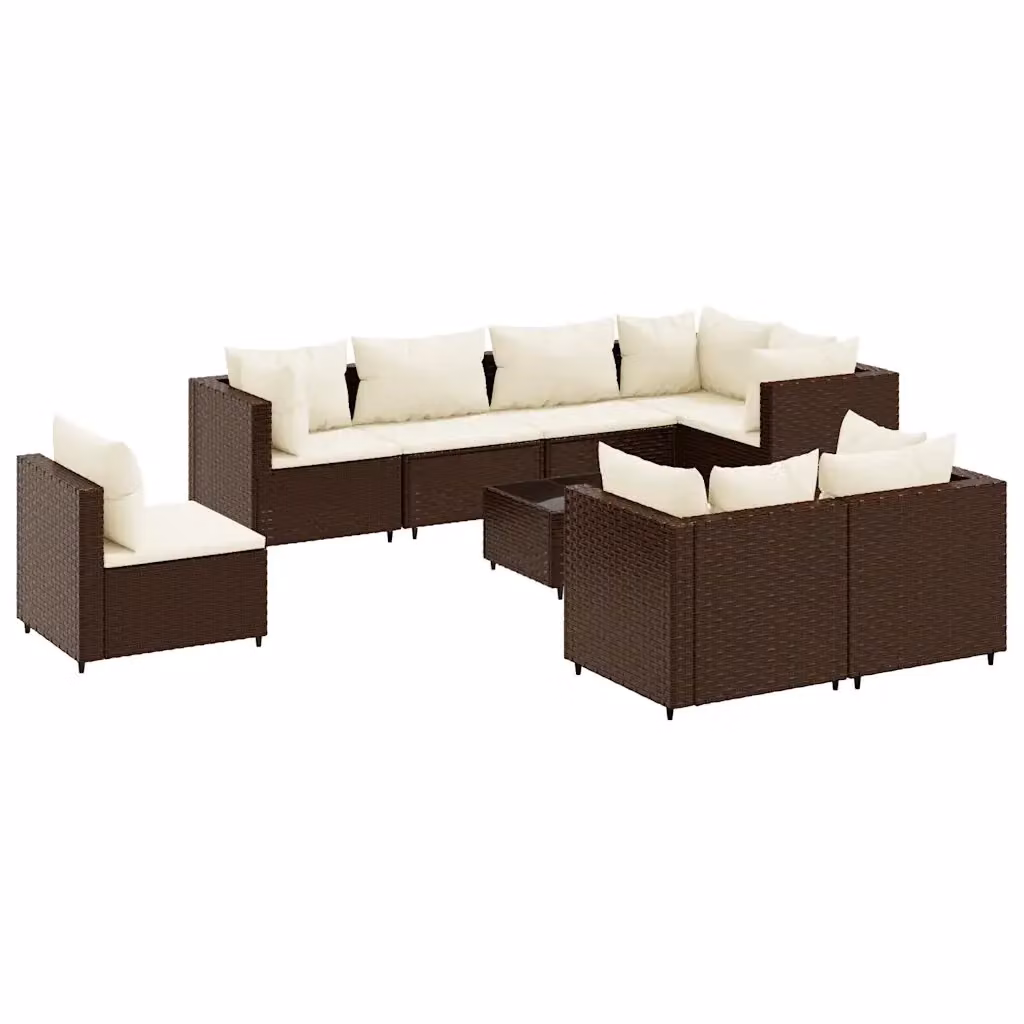 vidaXL Set Divani da Giardino 9 pz con Cuscini in Polyrattan Marrone e Bianco con Tavolino e Struttura in Acciaio – 2
