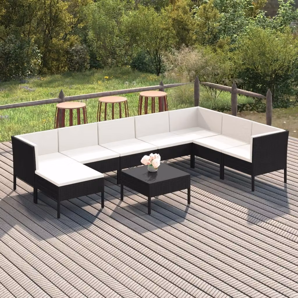 The Living Store Set da giardino 9 pezzi con cuscini in poly rattan nero