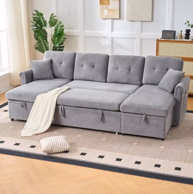 Divano letto angolare a U 266x130 cm in ciniglia grigio con contenitore HOMVRA