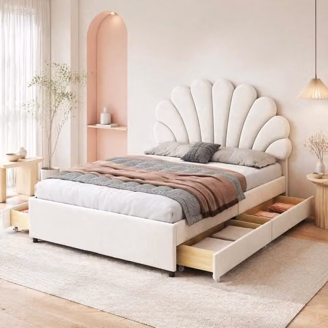 Letto imbottito 140x200 cm con 4 cassetti e rete a doghe; testiera a fiore in velluto beige
